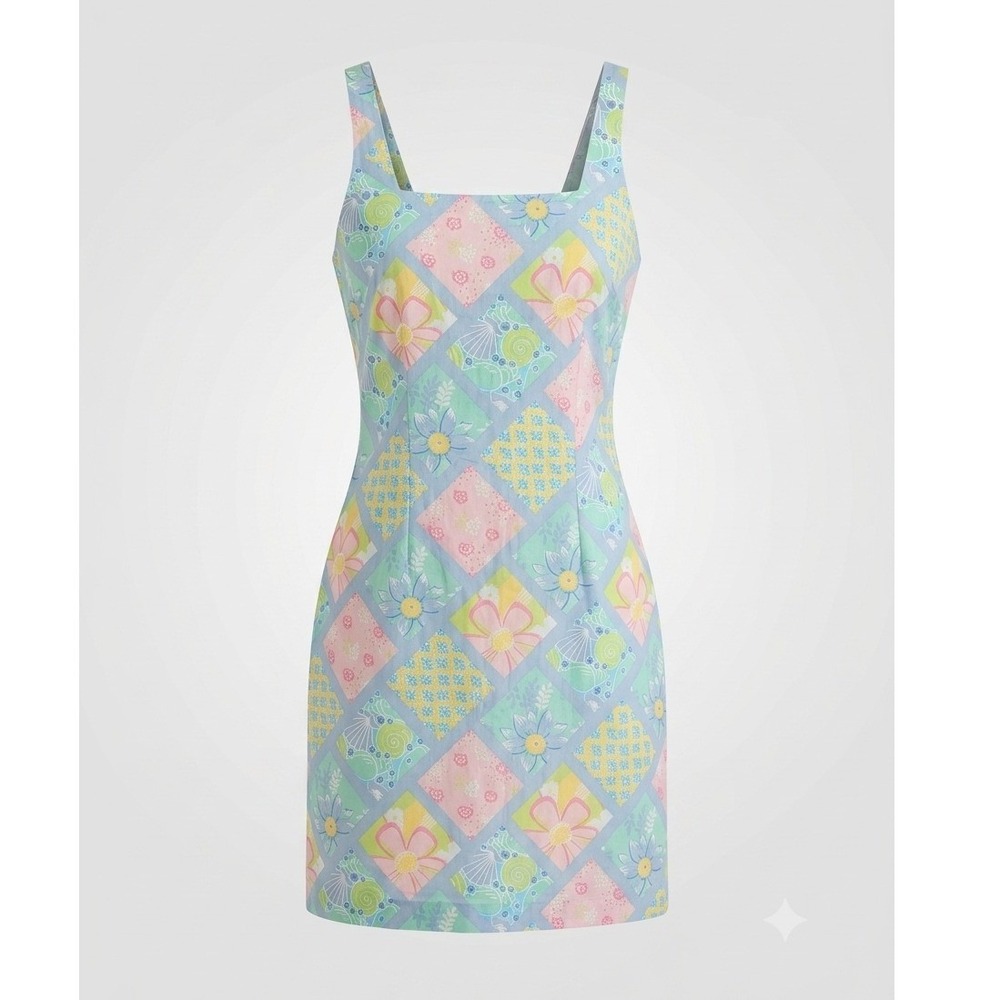 Vintage Beach Pastel Patchwork Tropical Floral Shell Print Mini Dress 10 Y2K‎